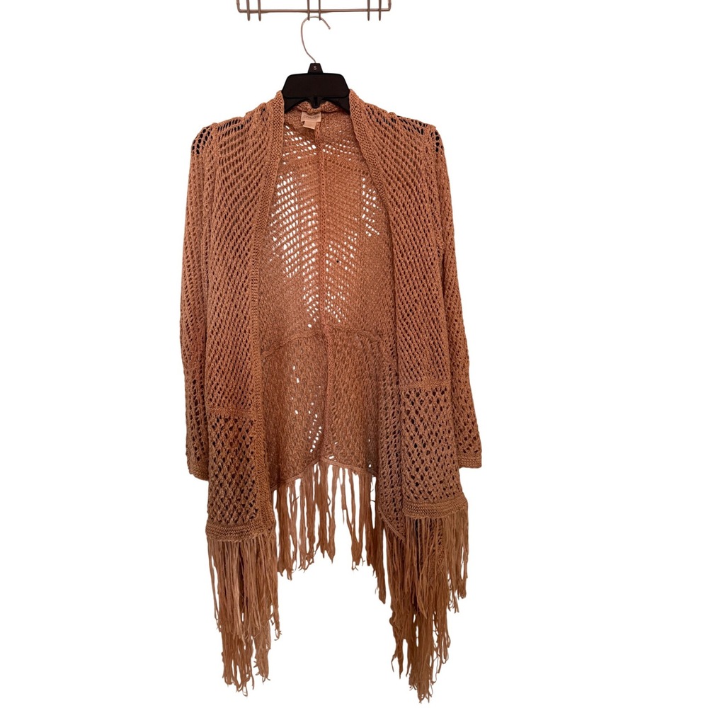 Chicos Womens Metallic Open Knit Crochet Fringe Cardigan Rose Gold Size 2 L/XL